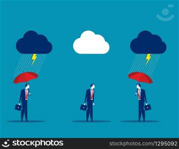 Protection, Business team with umbrella in storm. Concept business vector illustration, Flat business cartoon, Character style design, Good, Bad.