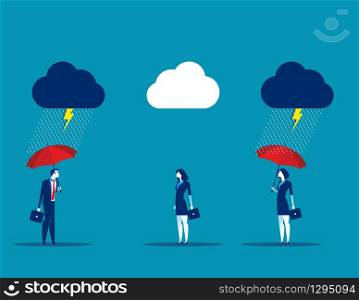 Protection, Business team with umbrella in storm. Concept business vector illustration, Flat business cartoon, Character style design, Good, Bad.