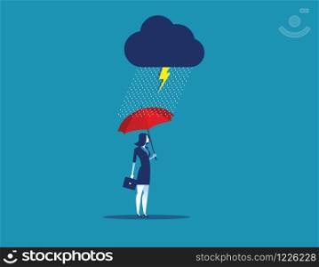 Protection. Businesswoman with umbrella in storm. Concept business vector illustration.