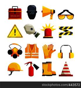 Protection clothing for work and safety equipment. Protective equipment and safety mask glasses, vector illustration. Protection clothing for work and safety equipment