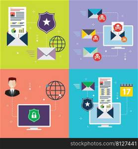 Protection, communication, technology, security, privacy and computer icons. Concepts of antivirus for protection,  blocking spam, protect of privacy, virus and phishing. Flat design icons in vector illustration.