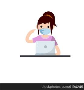 Protection from coronavirus and quarantine. Work at home. Green Virus and bacteria. Hand gesture pointing to face. Freelance and education. Flat cartoon. Woman in medical mask at computer