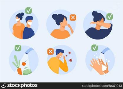 Protection from coronavirus tips. Safety list for prevention spreading, avoidance people with flu symptoms and cough. Vector illustration for, 2019-ncov, corona virus, healthcare concept