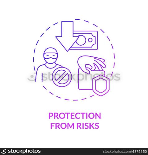 Protection from risks purple gradient concept icon. Safety and security. Corporate assurance abstract idea thin line illustration. Isolated outline drawing. Roboto-Medium, Myriad Pro-Bold fonts used. Protection from risks purple gradient concept icon