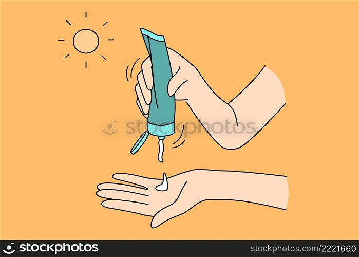 Protection from sun during summer concept. Human hands applying sunscreen protection skin on sunny day during hot summer vector illustration . Protection from sun during summer concept