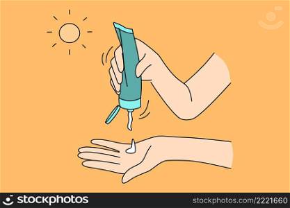 Protection from sun during summer concept. Human hands applying sunscreen protection skin on sunny day during hot summer vector illustration . Protection from sun during summer concept