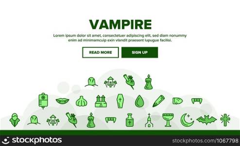 Protection From Vampire Landing Web Page Header Banner Template Vector. Weapons Vampire Hunter Outline Cliparts. Halloween. Garlic, Silver Bullets, Aspen Stake, Cross Illustration. Protection From Vampire Landing Header Vector