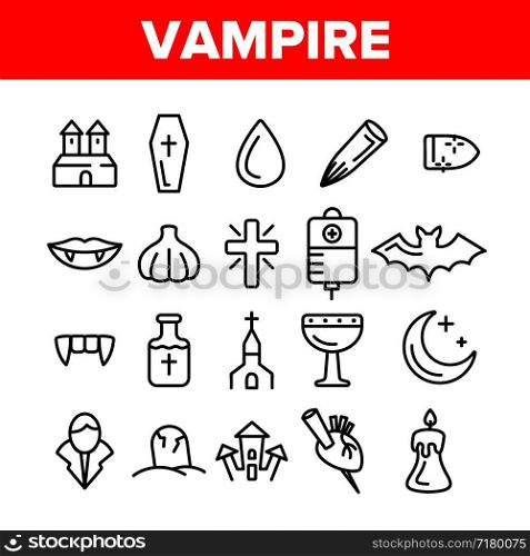 Protection From Vampire Vector Linear Icons Set. Weapons Vampire Hunter Outline Cliparts. Halloween Decoration Pictograms Collection. Garlic, Silver Bullets, Aspen Stake, Cross Thin Line Illustration. Protection From Vampire Vector Linear Icons Set
