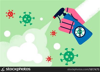 Protection from virus bacteria concept. Human hand holding spray against virus bacterias flying in air over green background vector illustration . Protection from virus bacteria concept