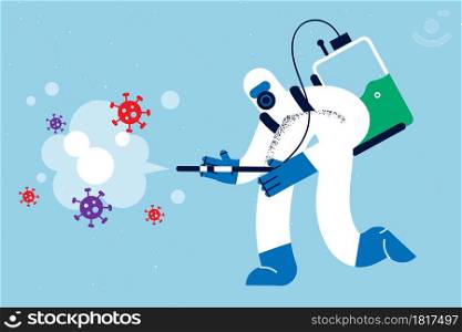 Protection from virus during epidemic concept. Human in protective white uniform spraying special gas against virus bacterias flying in air over blue background vector illustration . Protection from virus during epidemic concept