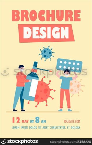 Protection from virus. Guy holding pills, his friend self protecting with mask and sanitizer flat vector illustration. Coronavirus epidemic concept for banner, website design or landing web page