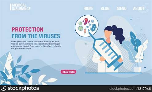 Protection from Virus, Infection and Bacteria by Vaccine Trendy Flat Landing Page. Cartoon Woman Doctor Character in Uniform with Syringe Poisoning Microbes. Medical Insurance. Vector Illustration. Protection from Virus by Vaccine Landing Page