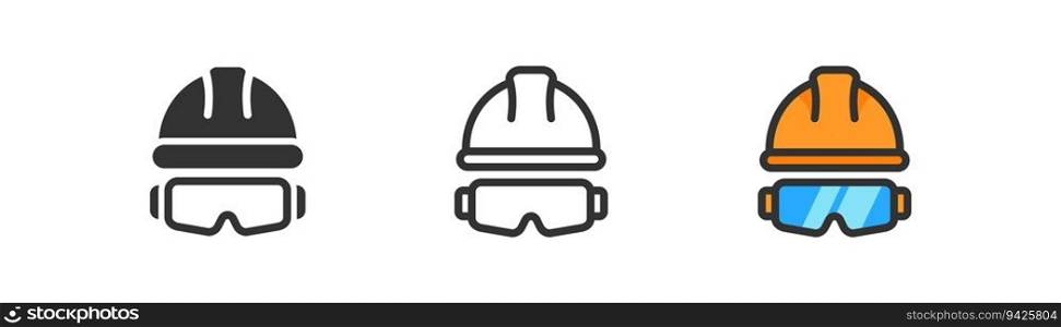 Protection glasses and hardhat icon on light background. Safety first symbol. Worker, builder, helmet, manufacture, engineer, personal protect. Outline, flat and colored style. Flat design. Vector illustration. Protection glasses and hardhat icon on light background. Safety first symbol. Worker, builder, helmet, manufacture, engineer, personal protect. Outline, flat and colored style. Flat design. 