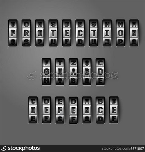 Protection guard defence words by mechanical alphabet for combination codes concept vector illustration