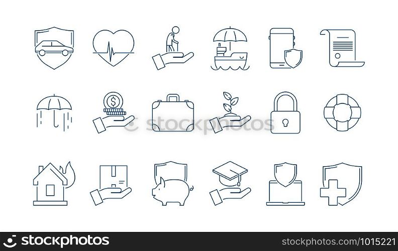 Protection icons. House cars life business and money insurance medicine caring people line thin vector pictures. Illustration of car and house protection, home safety, business insurance. Protection icons. House cars life business and money insurance medicine caring people line thin vector pictures