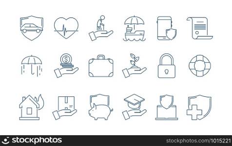 Protection icons. House cars life business and money insurance medicine caring people line thin vector pictures. Illustration of car and house protection, home safety, business insurance. Protection icons. House cars life business and money insurance medicine caring people line thin vector pictures