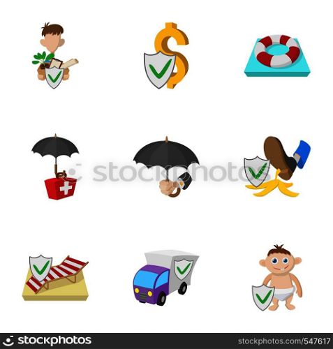 Protection icons set. Cartoon illustration of 9 protection vector icons for web. Protection icons set, cartoon style