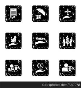 Protection icons set. Grunge illustration of 9 protection vector icons for web. Protection icons set, grunge style