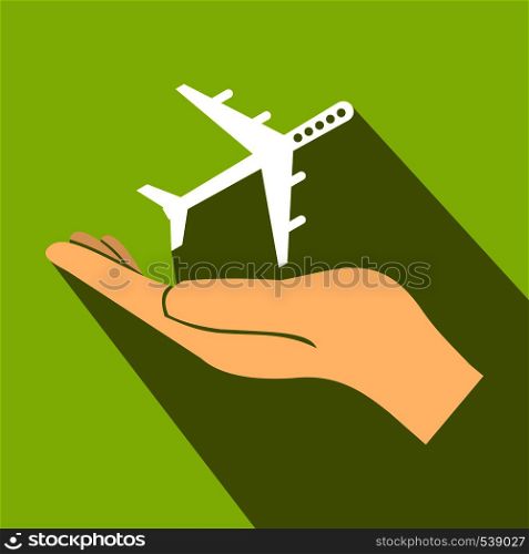 Protection of air travel icon in flat style on a green background. Protection of air travel icon, flat style