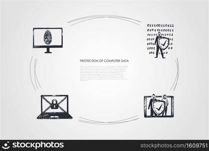 Protection of Computer Data - cipher, fingerprint, code, password vector concept set. Hand drawn sketch isolated illustration. Protection of Computer Data - cipher, fingerprint, code, password vector concept set