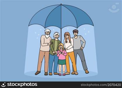 Protection of family and care concept. Big happy family mother father daughter and grandparents standing hugging under huge umbrella feeling confident and positive vector illustration . Protection of family and care concept.