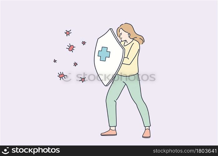 Protection of virus infection concept. Young woman cartoon character standing holding shield to pretect health from microbes disease infection COVID-19 vector illustration . Protection of virus infection concept.