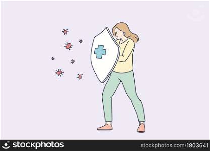 Protection of virus infection concept. Young woman cartoon character standing holding shield to pretect health from microbes disease infection COVID-19 vector illustration . Protection of virus infection concept.