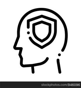 Protection Shield In Man Silhouette Mind Vector Icon Thin Line. Gear And Brain, Heart And Money, Padlock And Magnifier Concept Linear Pictogram. Black And White Template Contour Illustration. Protection Shield In Man Silhouette Mind Vector