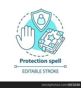 Protection spell concept icon. Occultism and superstition idea thin line illustration. Safety sorcery, security charm. Grimoire, shield and hand vector isolated outline drawing. Editable stroke