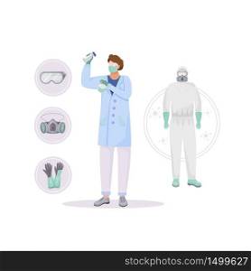 Protective clothing flat concept vector illustration. Radiation protection. Chemist 2D cartoon character for web design. Personal protective equipment, suit and respirator creative idea. Protective clothing flat concept vector illustration