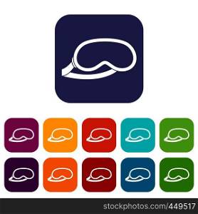 Protective eye mask for sleeping icons set vector illustration in flat style In colors red, blue, green and other. Protective eye mask for sleeping icons set flat