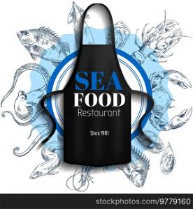 Protective garment for cooking. Safety clothing for restaurant cookery. Apparel for cooking seafood. Black apron with sea food restaurant logo image. Apron for protection of clothes in kitchen. Apparel for cooking seafood in kitchen. Black apron with sea food restaurant logotype image