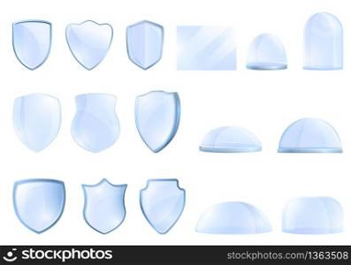 Protective glass icons set. Cartoon set of protective glass vector icons for web design. Protective glass icons set, cartoon style