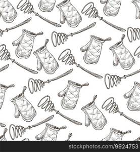 Protective glove for baking and whisk seamless pattern. Kitchenware and clothes, potholder protecting from burns. Kitchen appliance and utensils. Monochrome sketch outline, vector in flat style. Whisk and baking glove, textile mitten seamless pattern