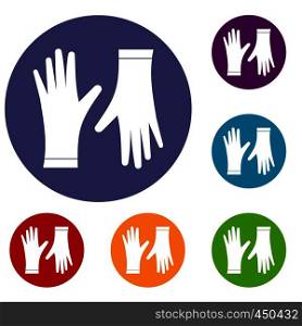 Protective gloves icons set in flat circle reb, blue and green color for web. Protective gloves icons set