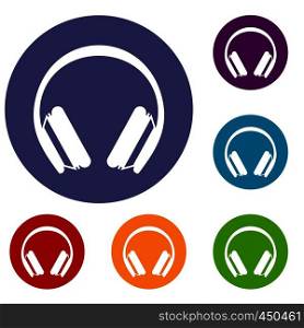 Protective headphones icons set in flat circle reb, blue and green color for web. Protective headphones icons set