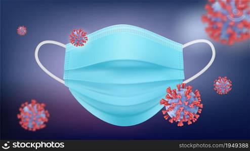 Protective mask banner. Antiviral therapy, personal security equipment. Realistic reusable face safety and flying bacterias vector background. Illustration flying covid-19 pollution, protection mask. Protective mask banner. Antiviral therapy, personal security equipment. Realistic reusable face safety and flying bacterias vector background