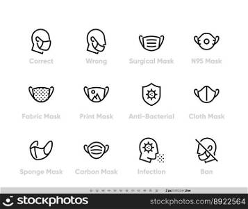 Protective medical face mask icon set safety vector image
