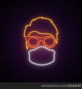 Protective medical mask neon sign. Man wearing protective medical mask and glasses. Vector concept design in trendy neon style.