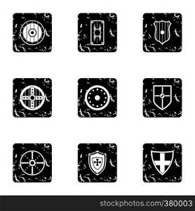 Protective shield icons set. Grunge illustration of 9 protective shield vector icons for web. Protective shield icons set, grunge style