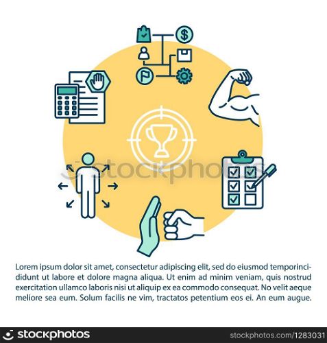 Protective strategy concept icon with text. Planning benefits. Risk prevention. Goal achieving. PPT page vector template. Brochure, magazine, booklet design element with linear illustrations