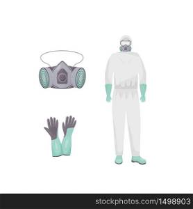 Protective suit and accessories flat color vector objects set. Personal protective equipment. Hazmat clothes, air purifying respirator and gloves 2D isolated cartoon illustrations on white background. Protective suit and accessories flat color vector objects set