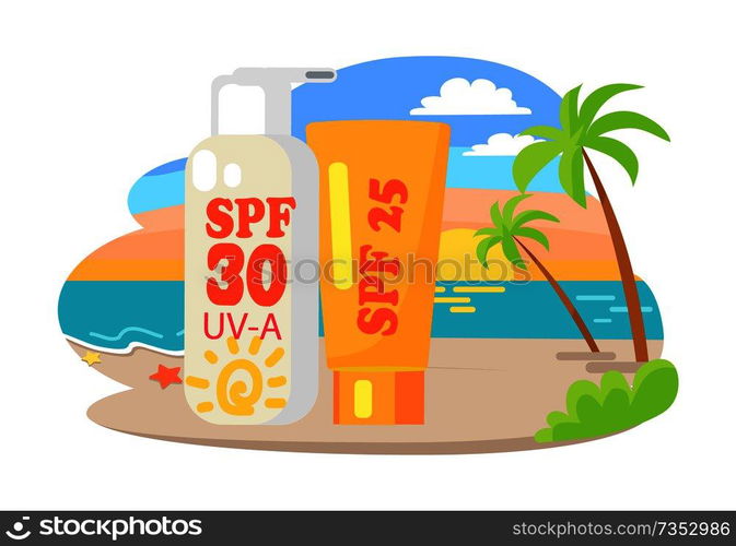 Protective suntan cream and lotion commercial. Dawn at beach with tall