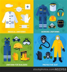 Protective Uniform Equipment. Color flat composition showing different protective uniform equipment for people vector illustration