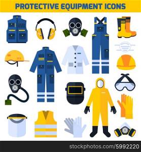 Protective Uniforms Equipment Flat Icons Set. Protective uniform respiratory equipment flat icons collection for medical professionals and construction workers abstract isolated vector illustration