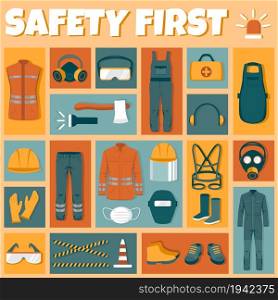 Protective Uniforms Flat Icons Set. hard hat, safety gloves, glasses, high visibility vest, work clothing and safety boots. Safety equipment and PPE clipart