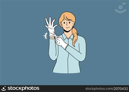 Protective work clothes and accessories concept. Young woman doctor or cosmetologist putting white latex protective medical gloves vector illustration . Protective work clothes and accessories concept