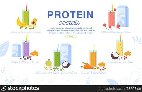 Protein Cocktails Assortment Advertising Banner. Sport Nutrition Order Delivery Service. Sweet Milk Shake with Fruits, Vegetables, Nuts, Honey. Fresh Smoothie Glass Cup Menu Set. Vector Illustration
