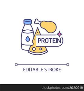 Protein consumption RGB color icon. Increasing muscle mass. Meat and dairy products. Recommended dietary supplements. Isolated vector illustration. Simple filled line drawing. Editable stroke. Protein consumption RGB color icon