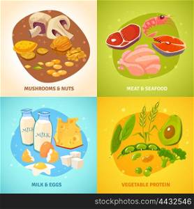 Protein Food Concept 4 Icons square . Protein rich food concept 4 flat icons square banner with dairy products meet poultry abstract isolated vector illustration